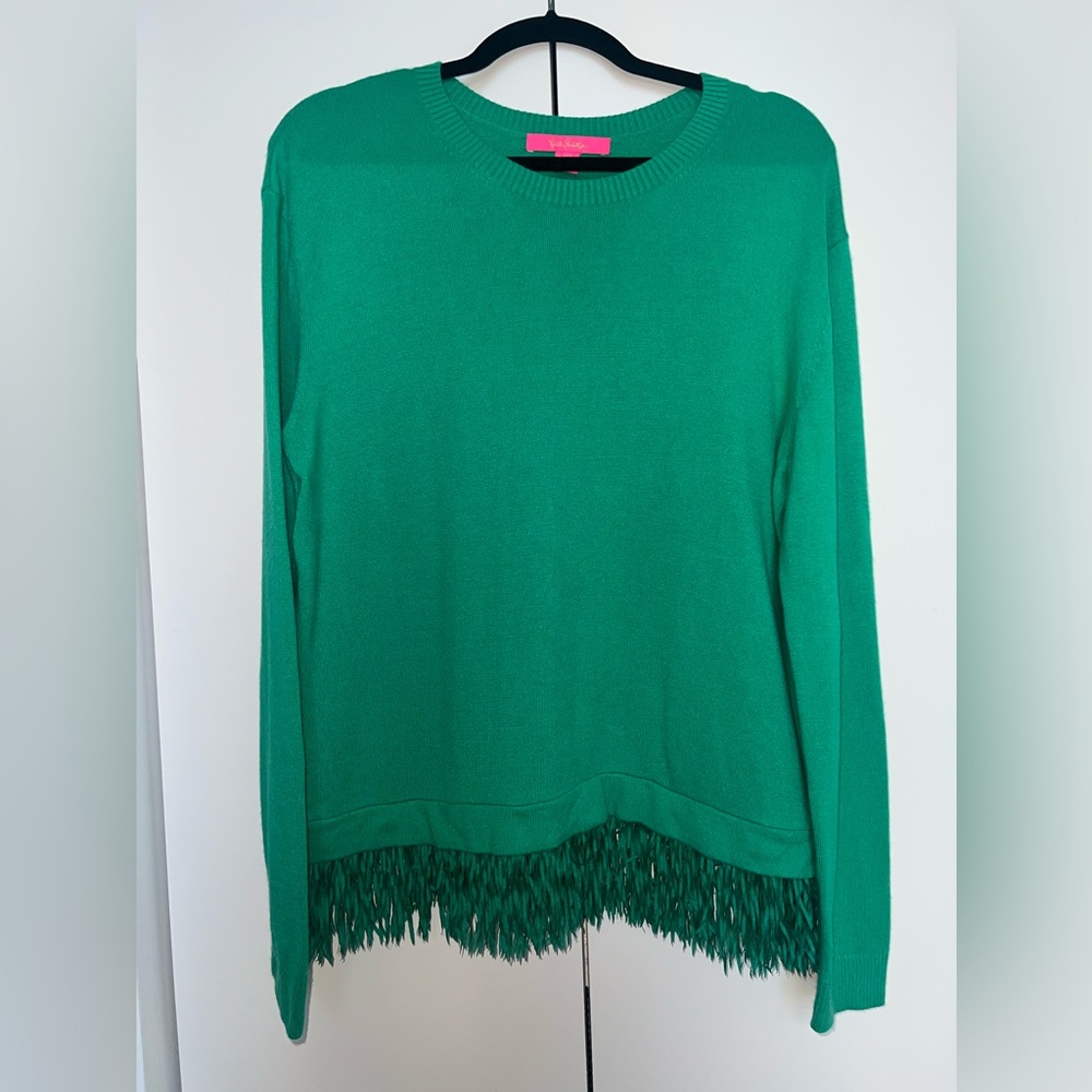 Green Lilly Pulitzer Sweater with fringe hem detail